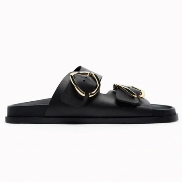 Zara Buckled Flat Leather Black Sandals Woman’s Size 9 - Picture 5 of 10